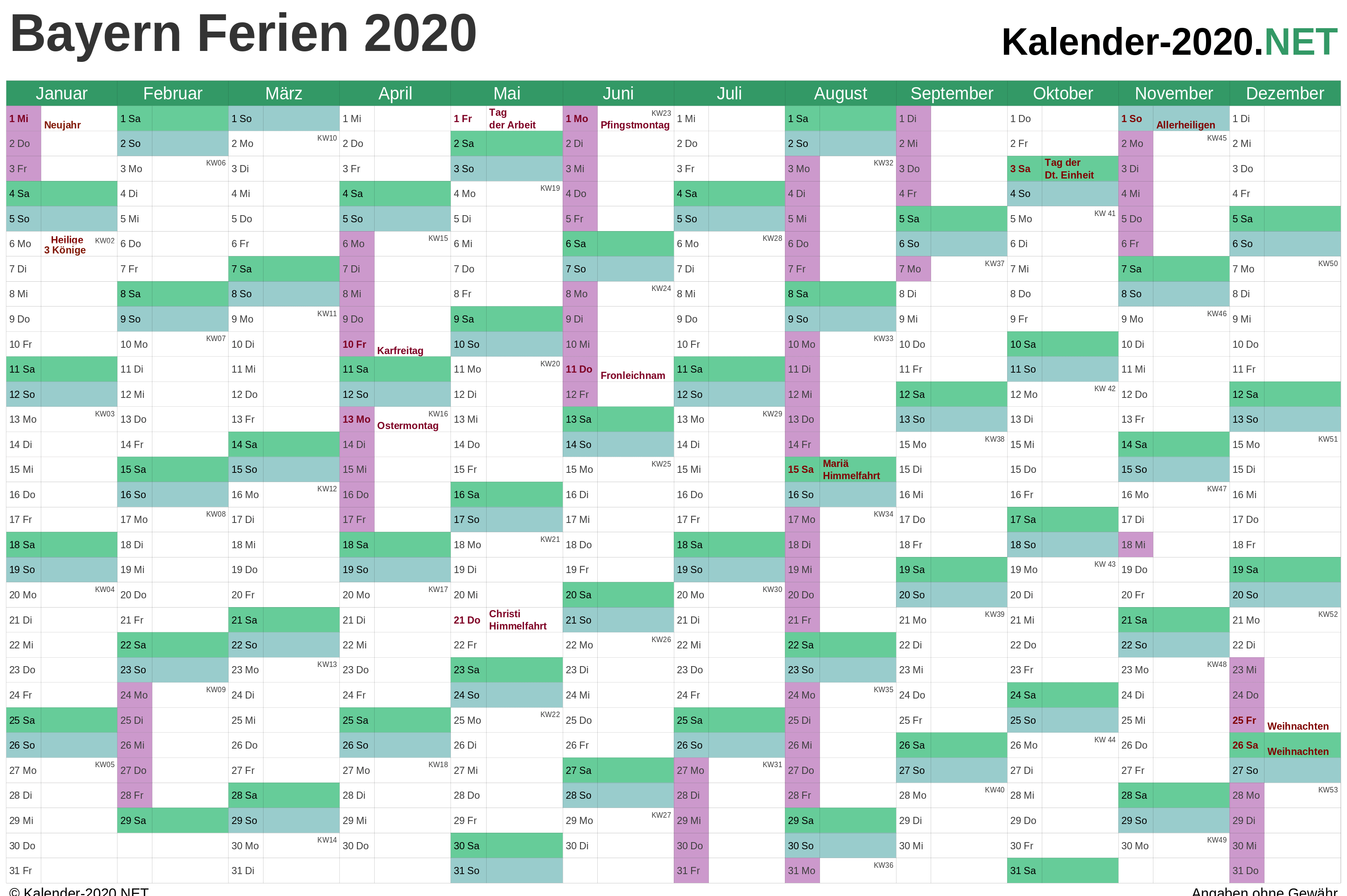 Kalender 2020 Mit Feiertagen Und Ferien Bayern | Kumpulan ...