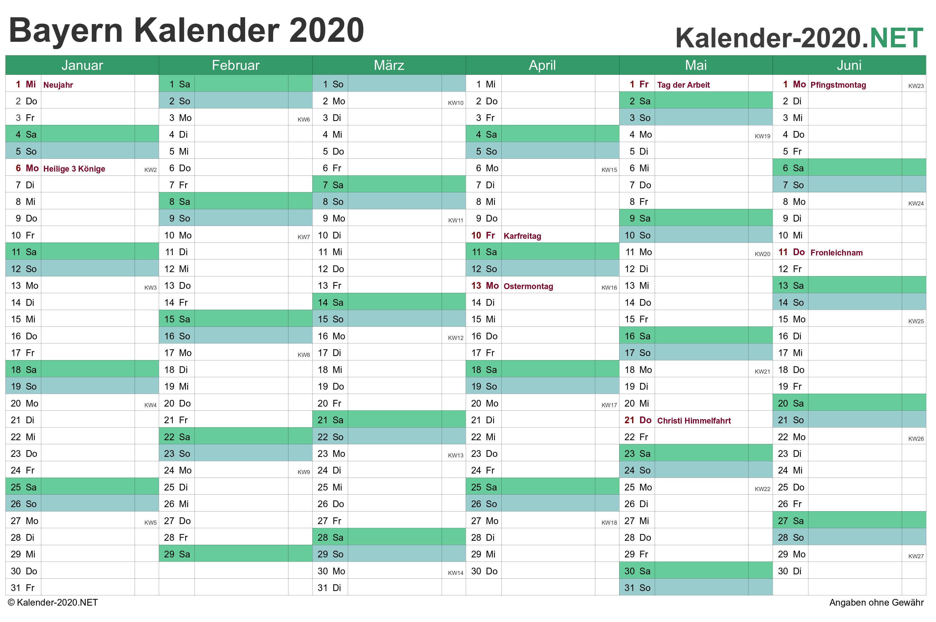 Kalender 2020 mit feiertagen bayern