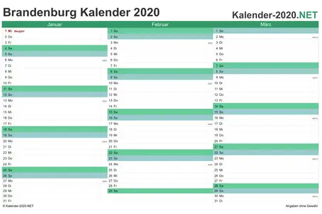 Vorschau Quartalskalender 2020 für EXCEL Brandenburg
