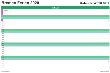 Monatskalender mit Ferien Bremen 2020 Monatskalender mit Ferien Bremen 2020 Vorschau