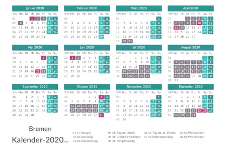 Kalender mit Ferien Bremen 2020 Kalender mit Ferien Bremen 2020 Vorschau