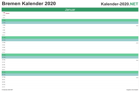 Vorschau Monatskalender 2020 für EXCEL Bremen