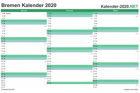 Vorschau Quartalskalender 2020 für EXCEL Bremen