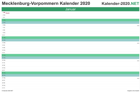 Vorschau Monatskalender 2020 für EXCEL Meck-Pomm