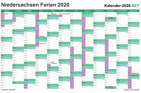 Kalender 2020 Niedersachsen Mit Ferien Und Feiertagen Zum ...