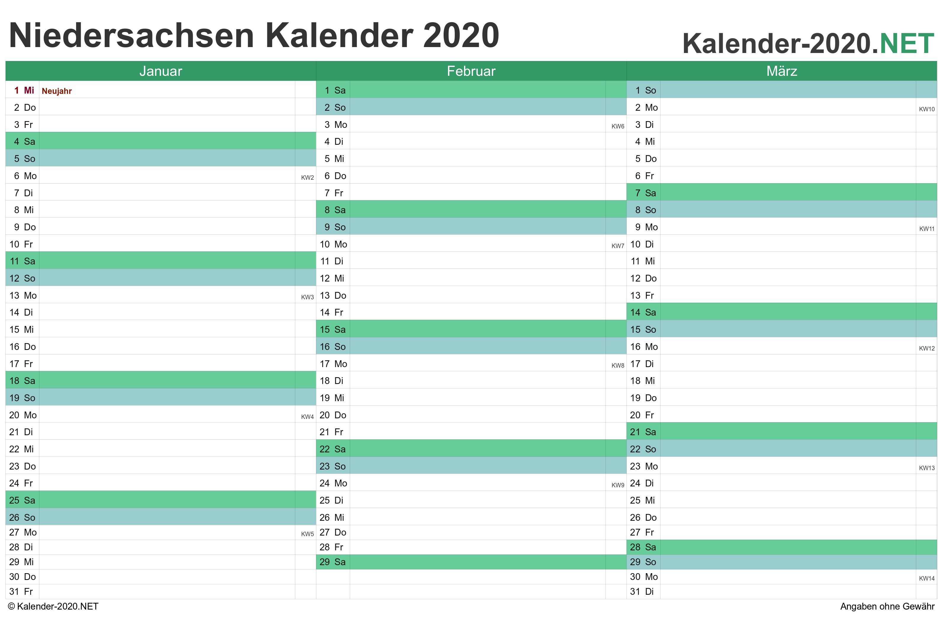Kalender 20 Niedersachsen