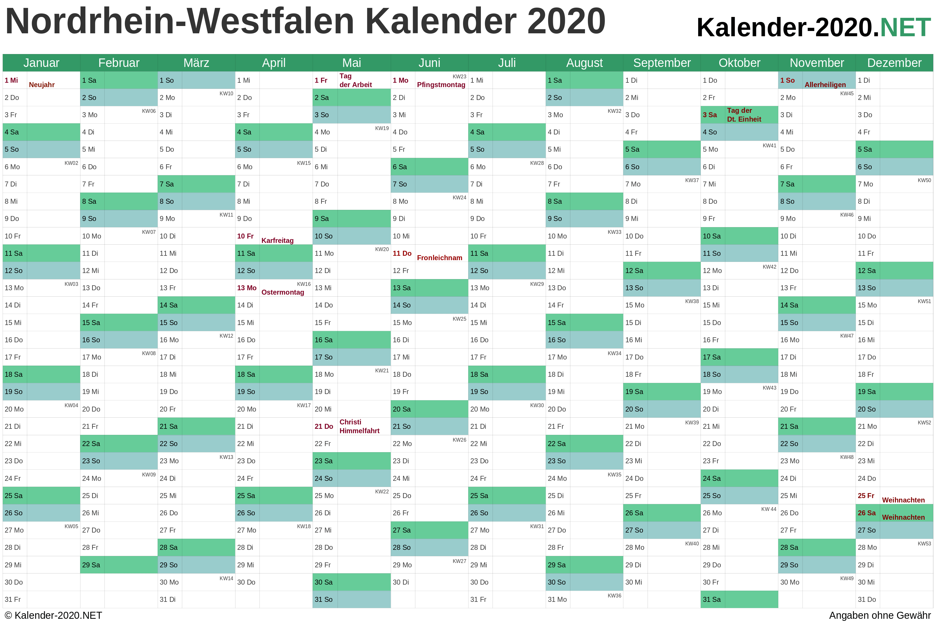 Kalender 2020 Nordrhein Westfalen