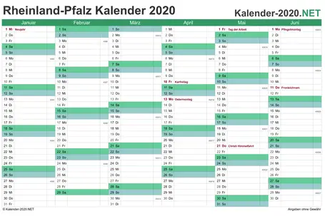 Kalender 2020 Rheinland-Pfalz