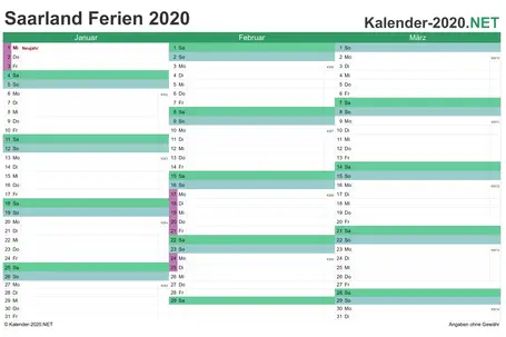 Quartalskalender mit Ferien Saarland 2020 Quartalskalender mit Ferien Saarland 2020 Vorschau