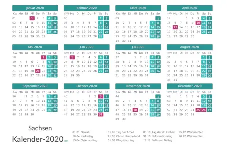Sachsen Kalender 2020 + Feiertage Sachsen Kalender 2020 + Feiertage Vorschau