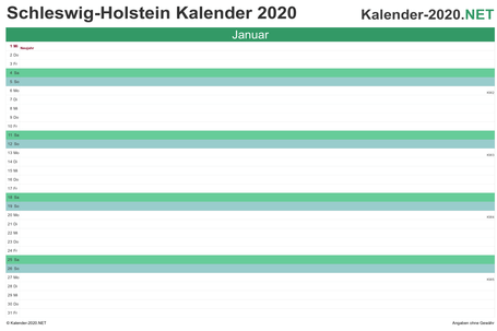 Vorschau Monatskalender 2020 für EXCEL Schleswig-Holstein