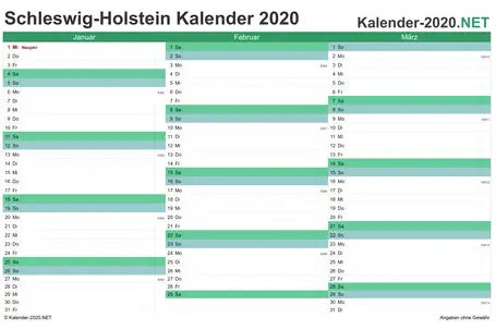 Vorschau Quartalskalender 2020 für EXCEL Schleswig-Holstein