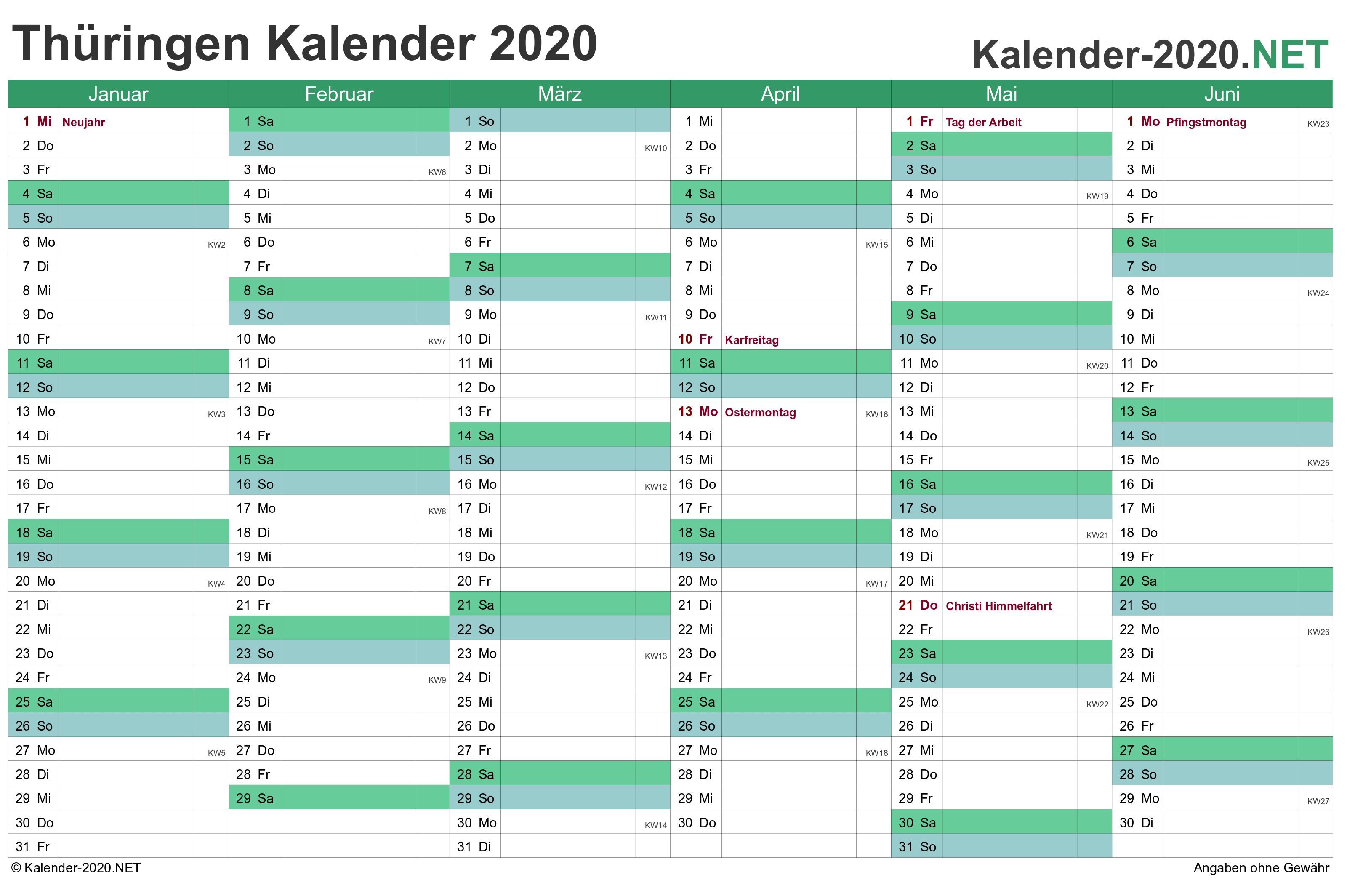 Kalender 2020 Thuringen